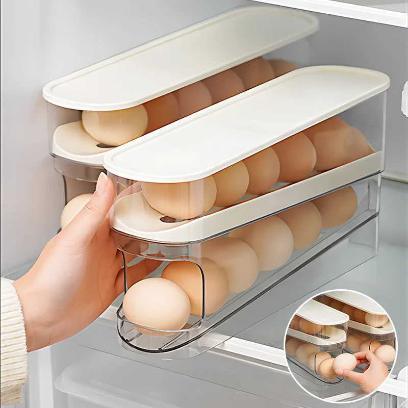 

Automatic Rolling Egg Holder Rack Kitchen Refrigerator Egg Dispenser Fridge Organizer Eggs Storage Box Container 2 Layers