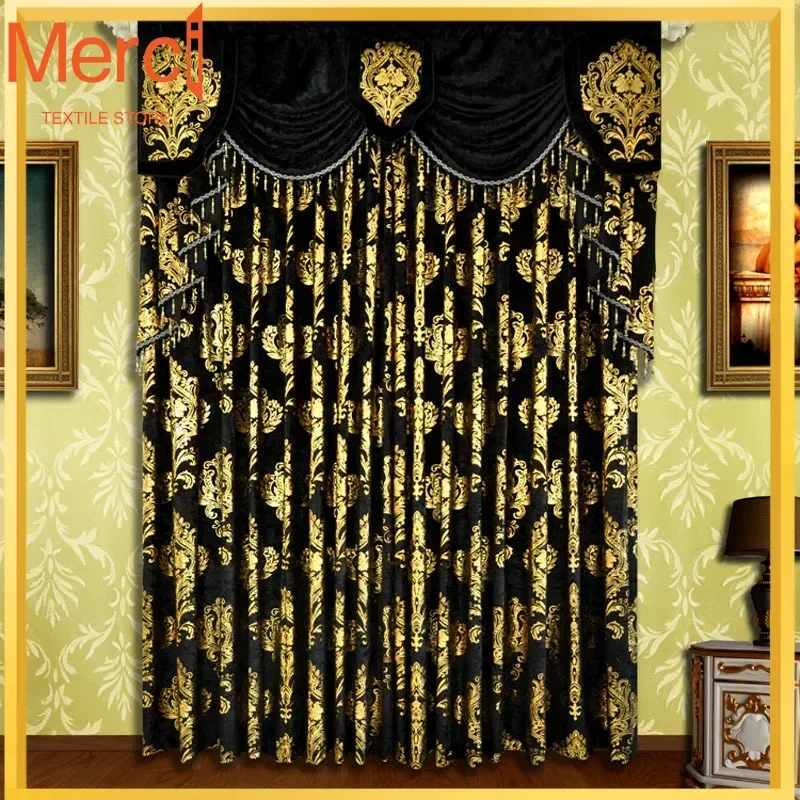 Christmas Black Curtain Embroidery Noel Golden Flowers Velvet Bear Eyelet Curtains Bedroom Curtain Christmas Rod Black Curtains