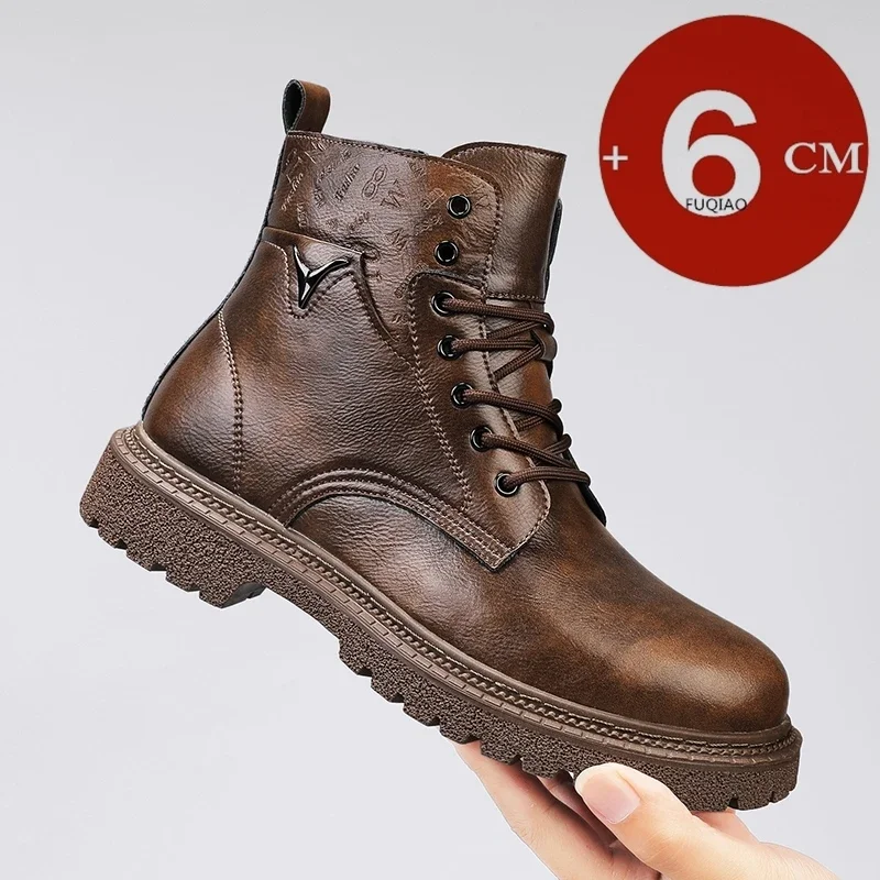 6cm Invisible Height Increasing Men Boots Leather Outdoor Autumn Winter Shoes Warm Non-Slip Comfortable Elevator Ankle Boots