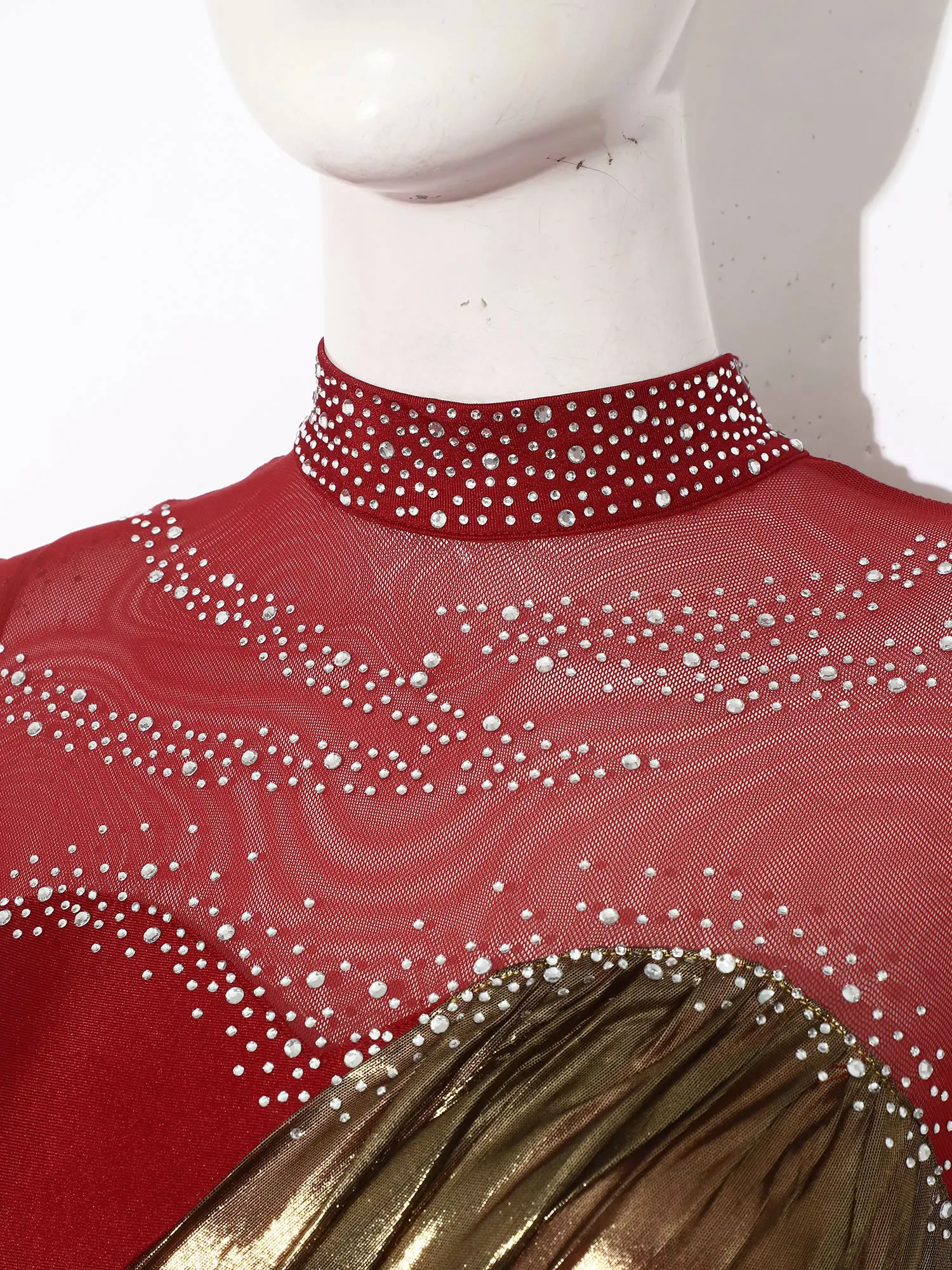 Women Figure Skating Dance Dress Mock Neck Long Sleeve Keyhole Back Asymmetrical Metallic Ruched Ruffles Rhinestone Dress