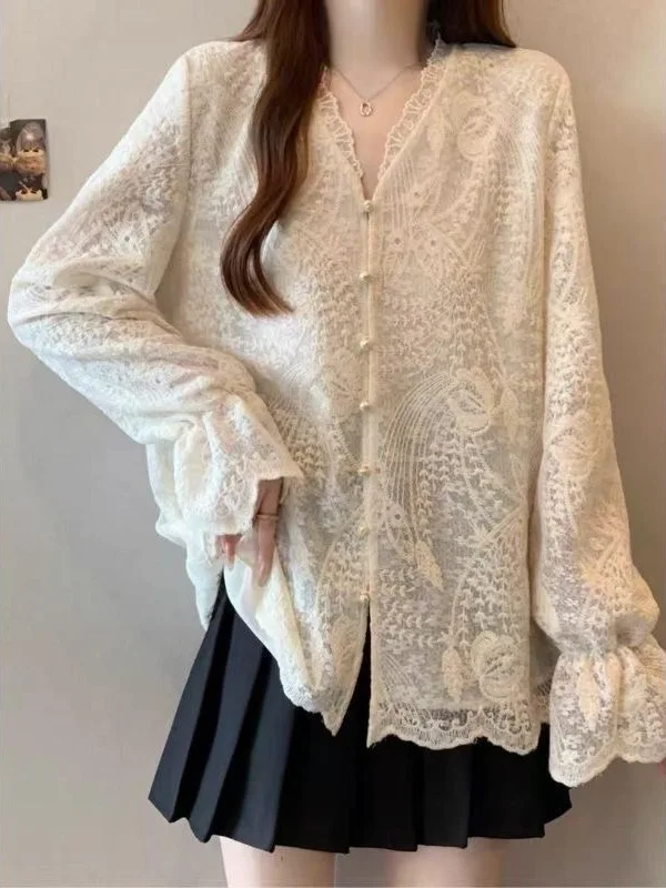 French Style Long Sleeve Women's Shirt Beautiful Lace Trim Floral Print Chiffon Top Versatile Elegant Fashionable Spring Autu...