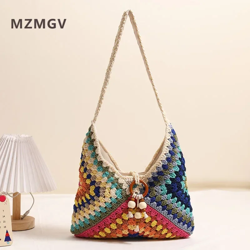 

Ethnic Style Women's Colorful Cotton Thread Weaving Shoulder Bag Bohemian Vacation Style Beach Bag Tassel Straw Tote Bag 2025