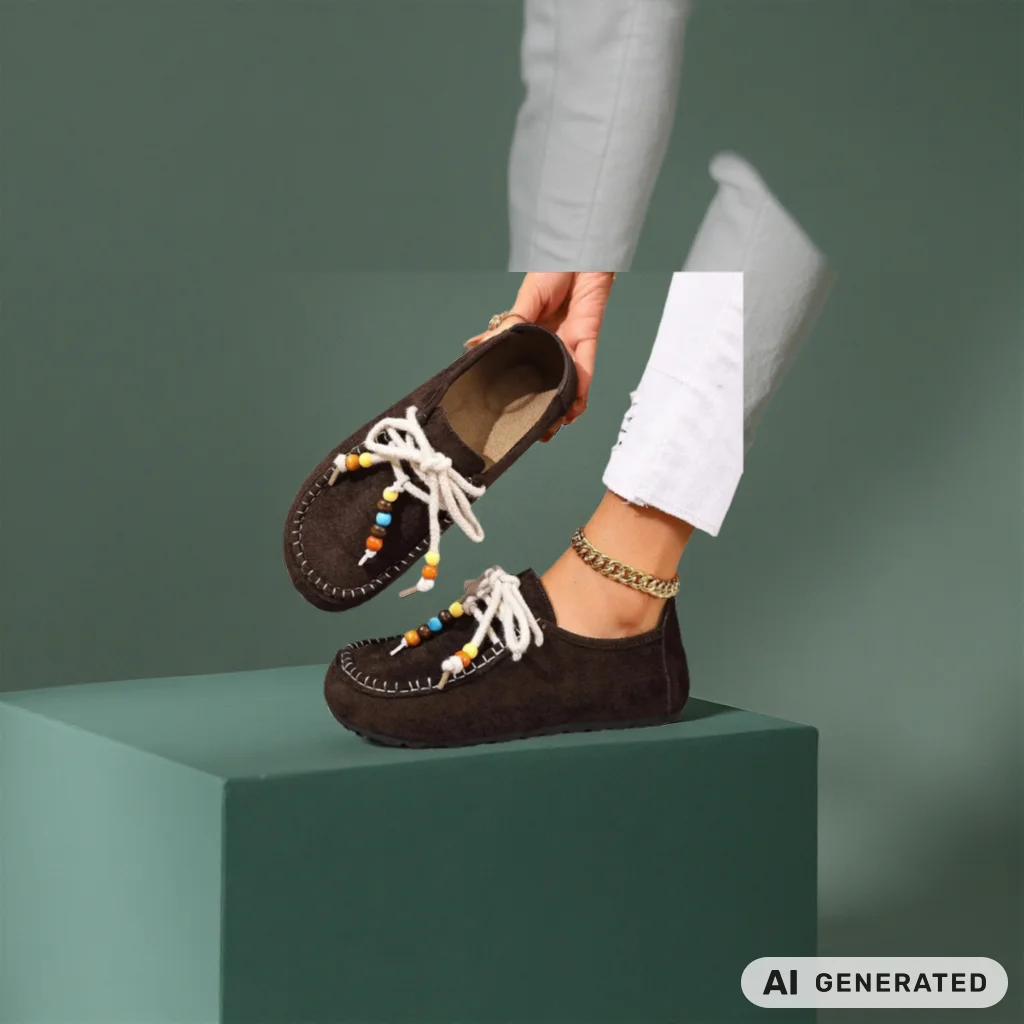 Women Large Size Lace-up Beaded Casual 2026 Autumn New Foreign Trade Suede Retro Round Head Loafers Shoes