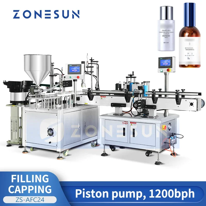 ZONESUN Automatic liquid bottle Filling Capping Labeling Packaging Line Piston Pump Filler Round Bottle Capper Labeler ZS-AFCL3