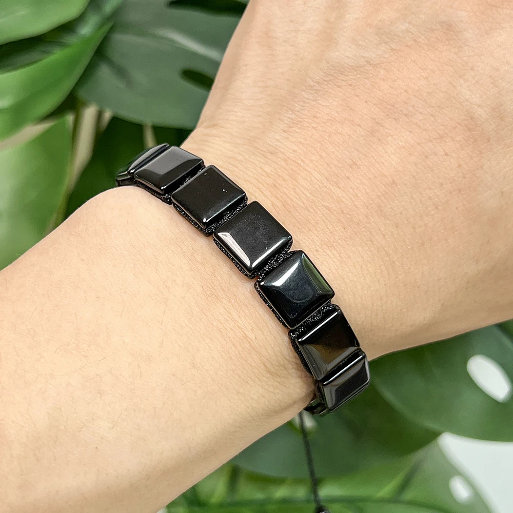 Teowaki Natural Black Agate Grooved Square Bead Hand Woven Bangle Delicate Black Cord Fashion Jewelry For Men And Women 15+6cm