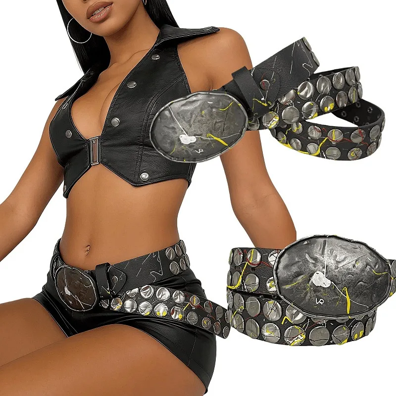 

Personalized Designer Women's Belt with Rivets Wide Belt with Jeans Niche Belt