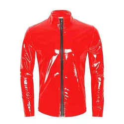 Big 7XL Mens Shirt Wetlook Leather Long Sleeve Zipper T-Shirt Sexy Dance Party Clubwear Male Shiny Metallic Leather Jacket Tops