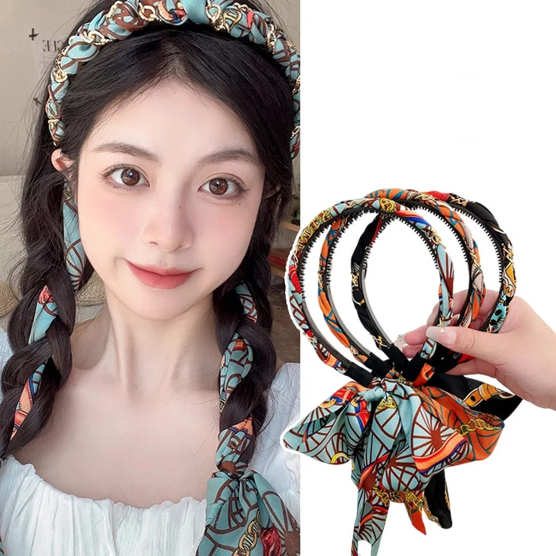 

2025 Vintage Print Hairband Silk Scarf Elegant Delicate Versatile Ribbon Hair Clip Fashion Hair Accessories For Women New