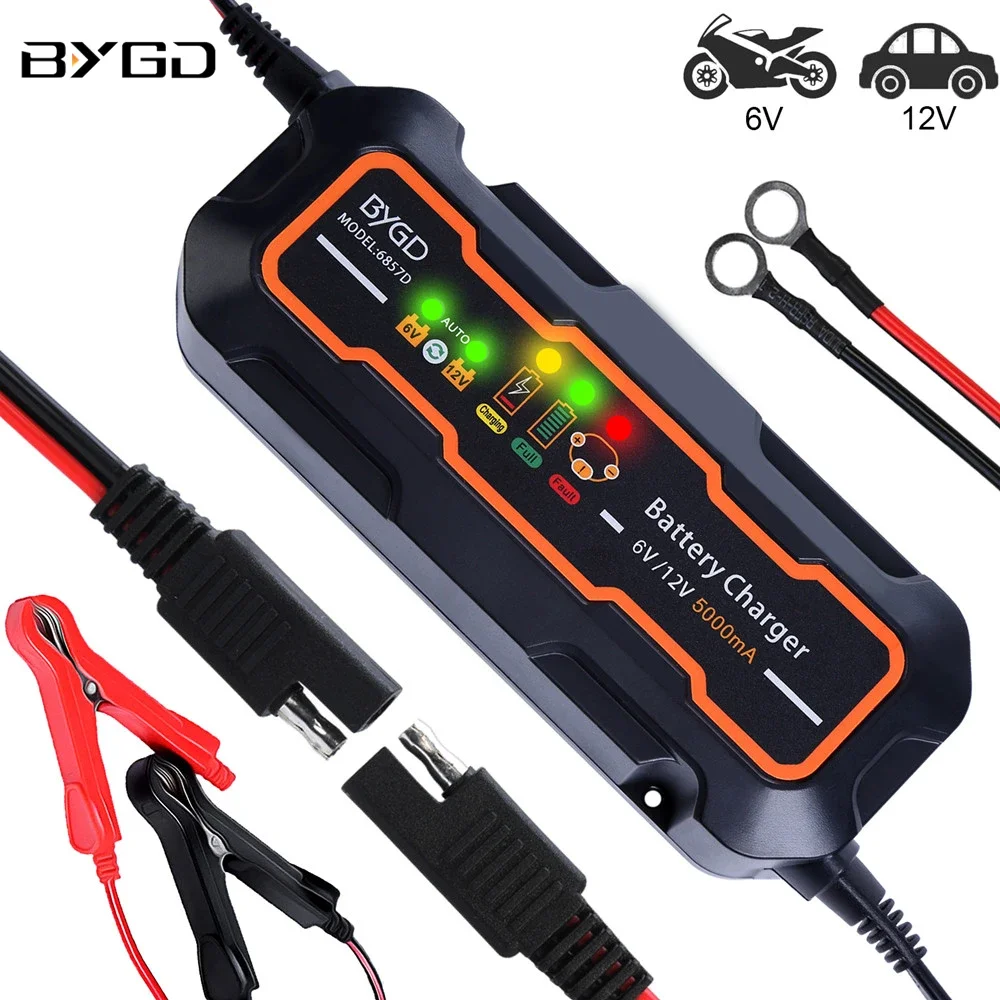 BYGD Fully Automatic Smart Battery Charger 6V/12V 5000mA Fast Charge Trickle Charger for GEL WET AGM Lead Acid Batteries