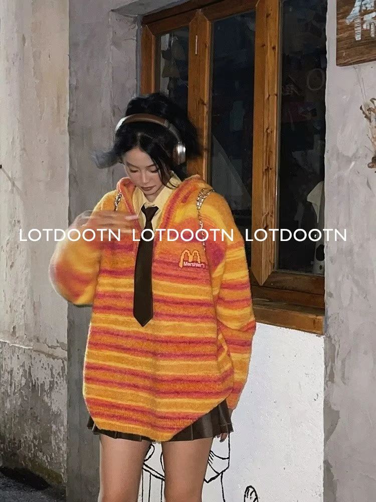 LOTDOOTN strisce colorate felpa con cappuccio lavorata a maglia allentata donna Y2K maglioni invernali Vintage Casual coreano Harajuku Pullover