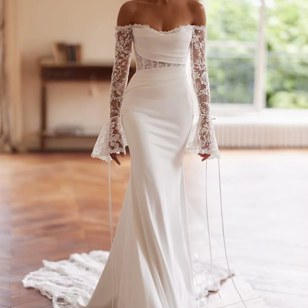 Customized New Arrival Off Shoulder Lace Wedding Dress Dazzling Beaded Mermaid Long Bridal Gown Classic Bridal Gown