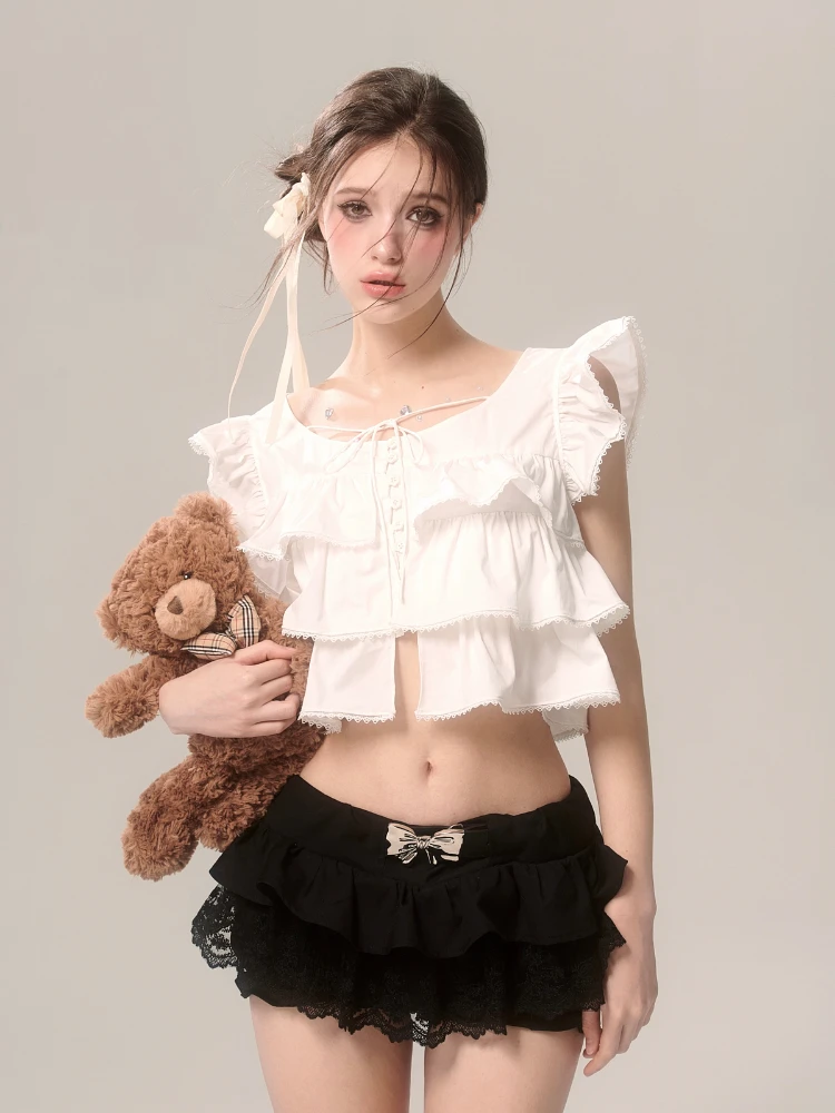 ADAgirl White Flying Sleeve Shirts for Women Lace Up Ruffled Short Sleeve Crop Top Summer Korean Style Fashion Cutecore Clothes