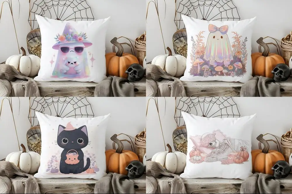 

Home Decor Halloween Ghost with Flower Hat Pillow Cover Pattern Cushion Cover Suitable for Sofa Bedroom Car Pillow Cover