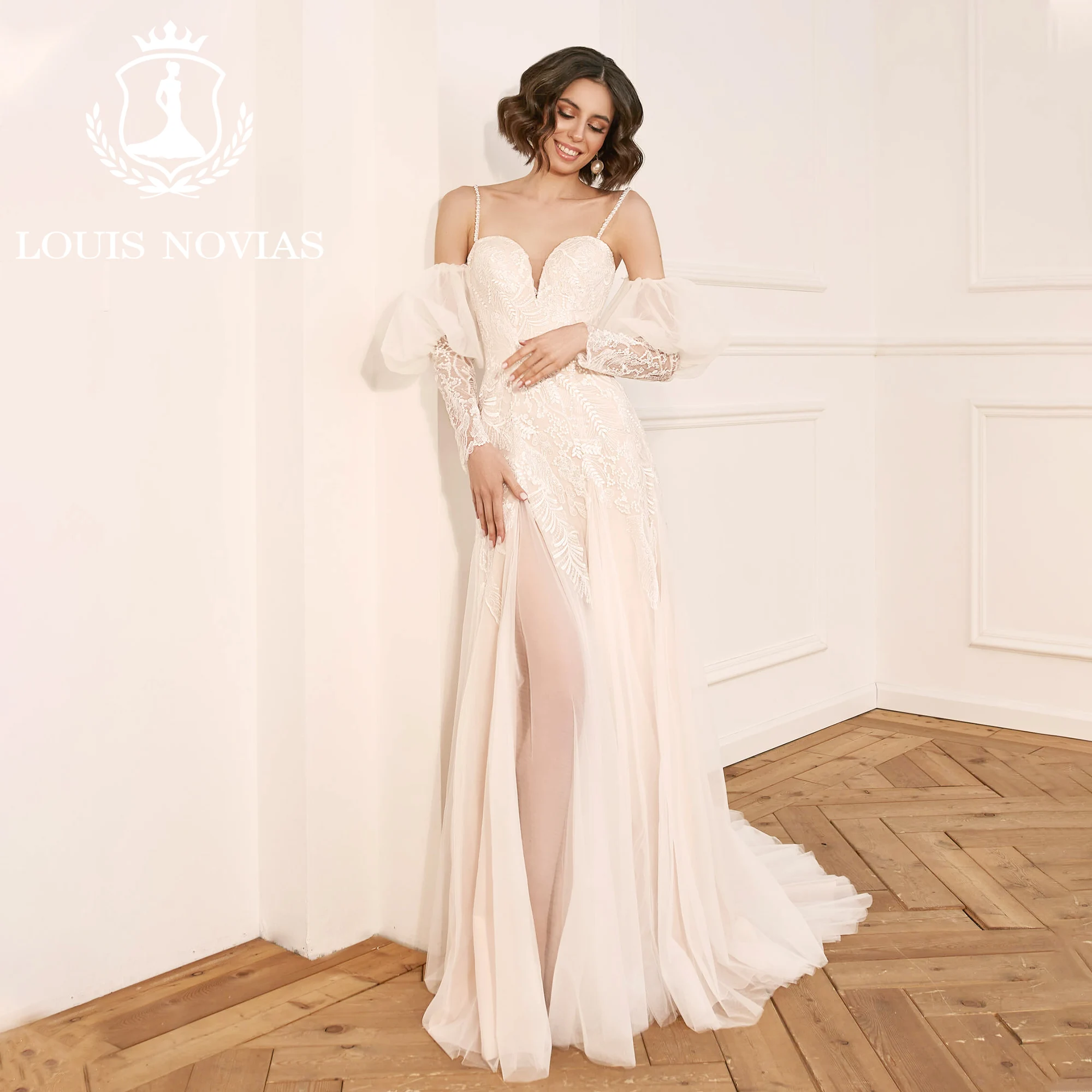 LOUIS NOVIAS Mermaid Wedding Dresses For Women 2023 Sweetheart Spaghetti Straps lantern Sleeve Wedding Gown Vestidos De Novia