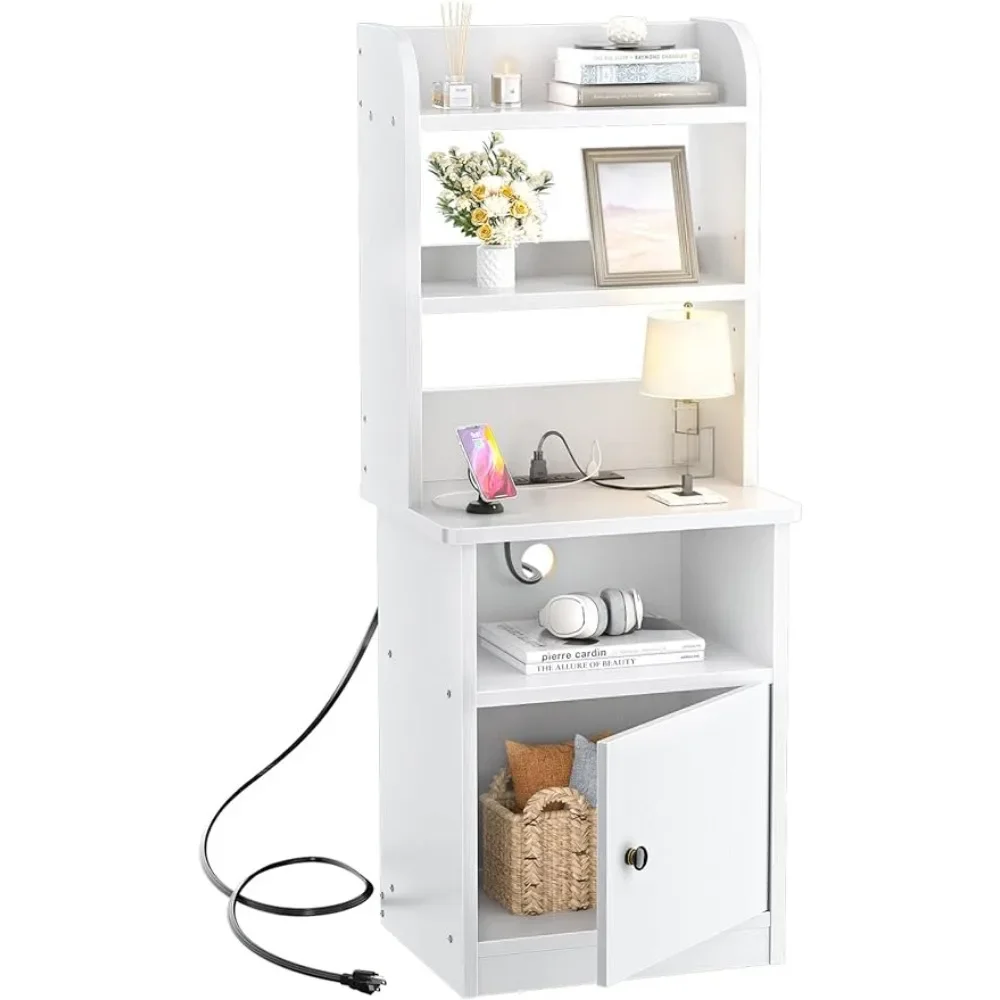 

Tall Nightstand with Charging Station and USB Ports - 47" Tall Bedside Table with Adjustable Bookshelf, White, End Table