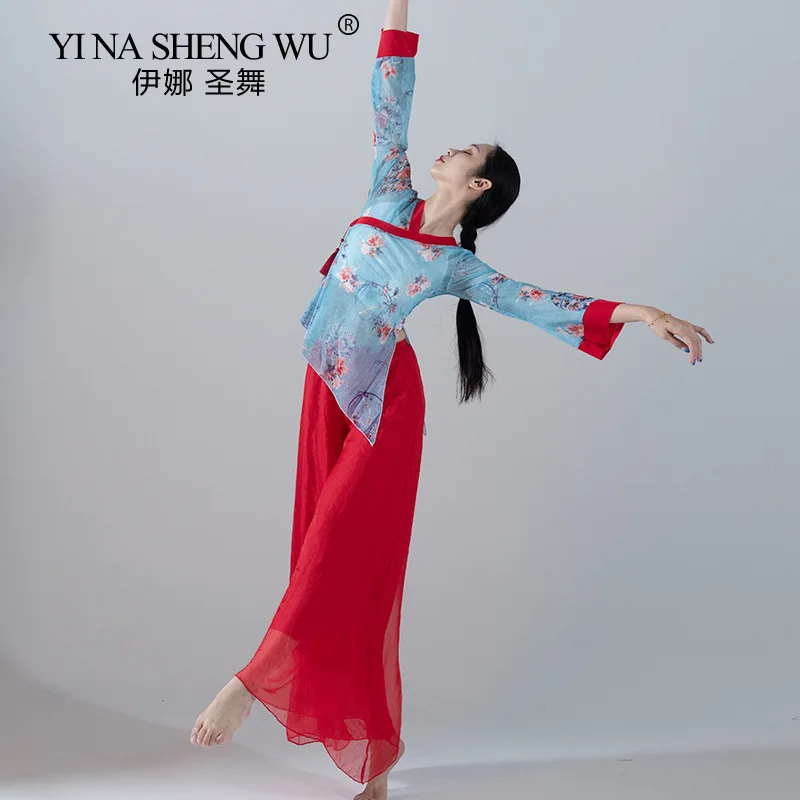 Classical Dance Clothes Oriental Dance Printing Medium Long-sleeved Tops Wide-leg Pants Loose Professional Performance Clothes