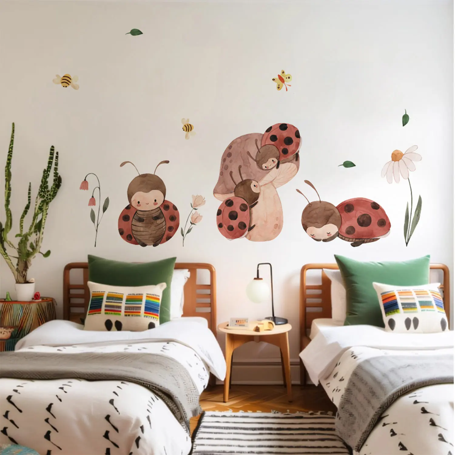 Watercolor PVC Self-adhesive Cartoon Ladybug Mushroom Decals Kids Room Cute Wall Stickers Bedroom Background Nursery Wall Decor