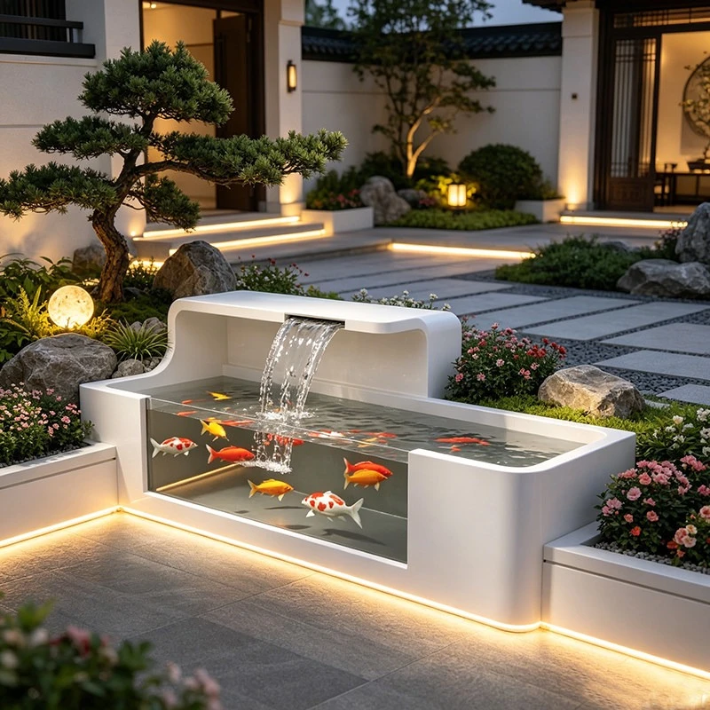 Modern Luxury Outdoor Stainless Steel Fish Pond with Waterfall & LED Lights Creative Garden Water Feature for Villa Courtyard