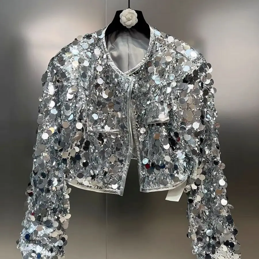 Autumn Winter Sequin Shiny Long Sleeve Party Club Jackets Outerwears Women Dance Stage  Silver Coat