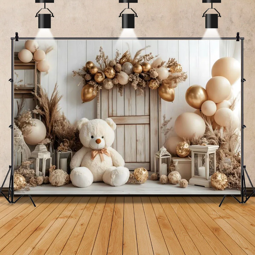تيدي بير استحمام الطفل الخلفيات منطاد الهواء الساخن ستار بوي 1st حفلة عيد ميلاد ديكور التصوير خلفية صور استوديو الدعائم