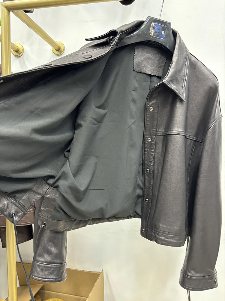 2025 frauen Frühling Schwarz Echtem Schaffell Leder Kurze Jacke Mantel Herbst Lose Echt Leder Mantel