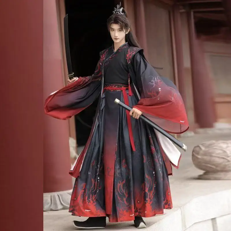 Traditional Chinese Wuxia Hanfu Men Women Weijin Period Cross Collar Costume Vintage Black Red Halloween Swordsman Cosplay Suit