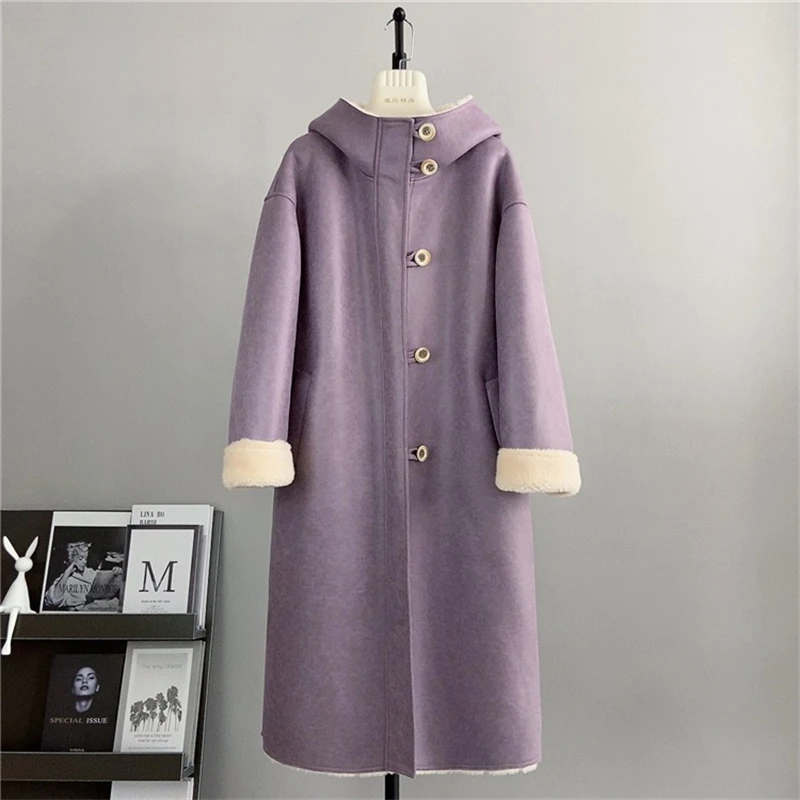 

2024 Autumn and Winter New French Style Lamb Hair Jacket Female Hooded Real Wool Suede Interior Thickened Coat Parka JT498