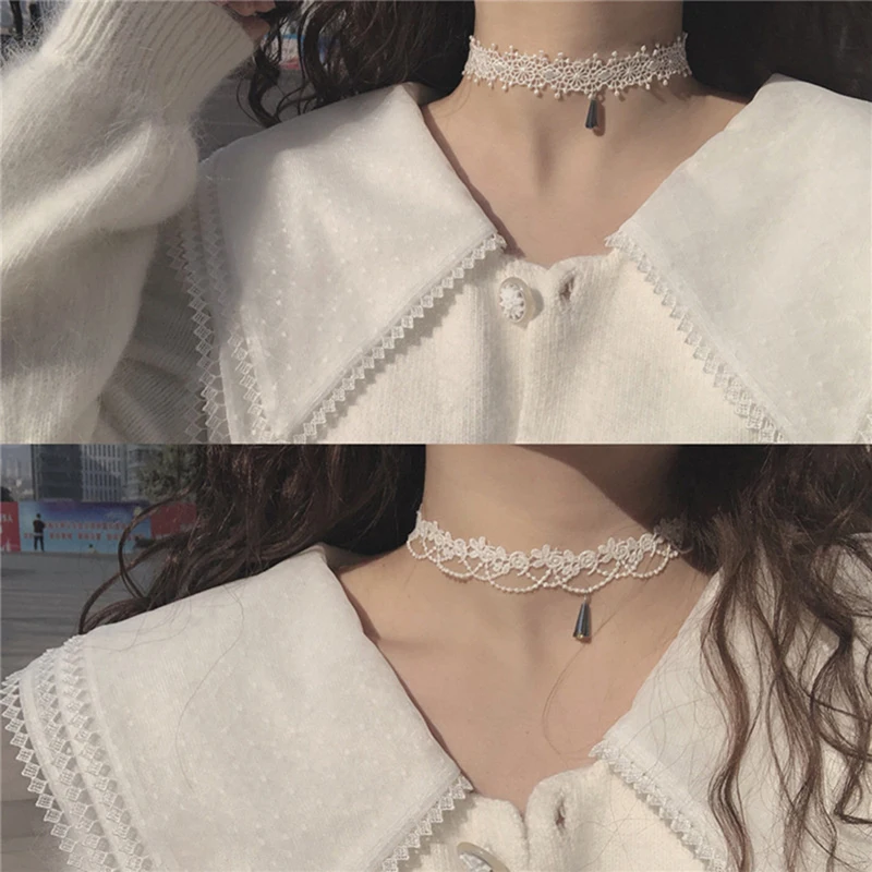 Korean Fairy White Lace Choker Soft Girl Collar Sweet Necklace Collarbone Chain Neck Chain Jewelry Pendant Angel