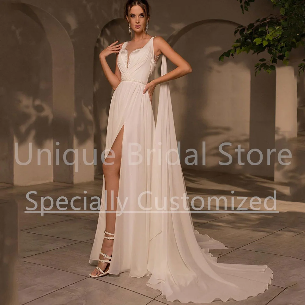 Customized New Design Bridal Gown Chiffon Beading Belt A-Line Sashes High Split Sleeveless Brush Train Draped Wedding Dress Fues