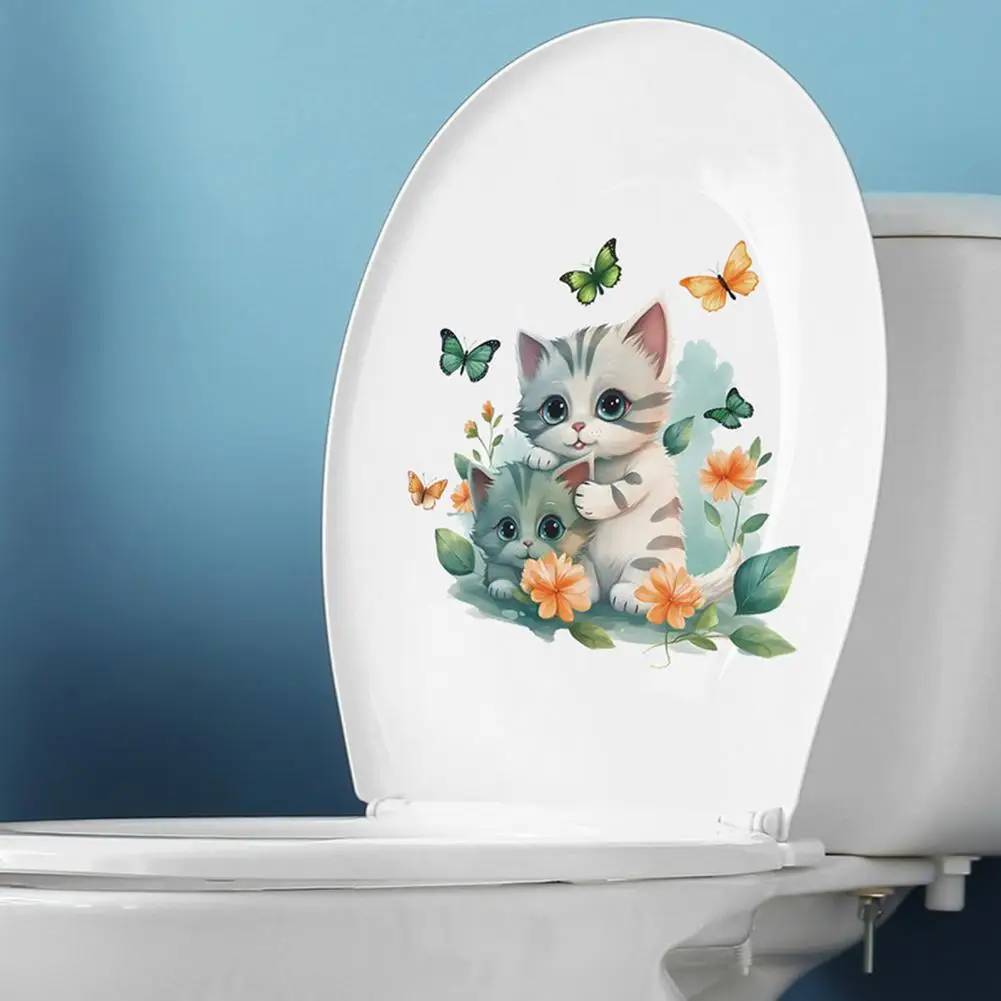 Pvc Toilet Decal Whimsical Cartoon Cat Butterflies Toilet Sticker Waterproof Pvc Wall Art for Room Bedroom Bathroom Decor Cat