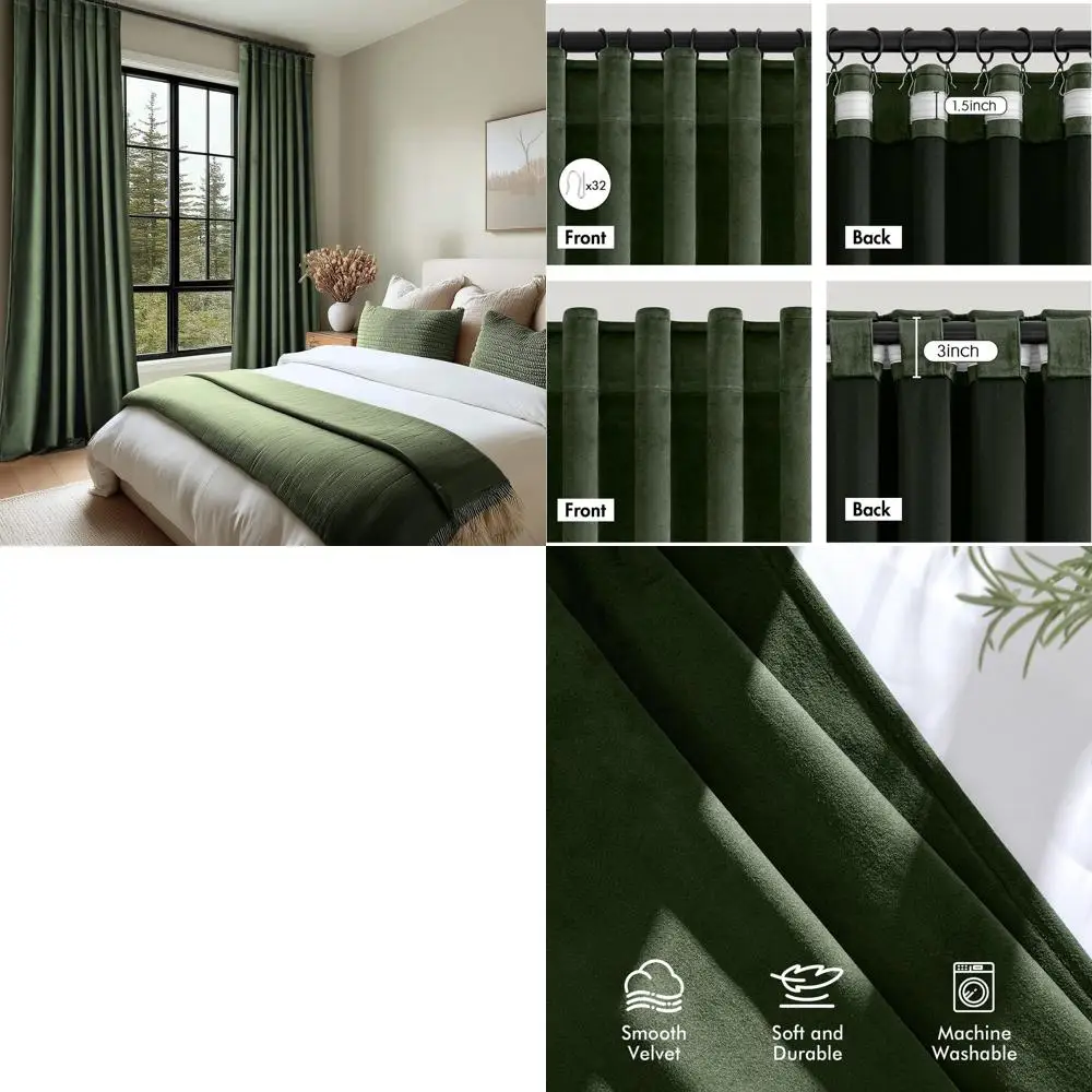 

Olive Green Velvet 42x108 Pinch Pleat Curtains - Blackout, Thermal & Soundproof for Privacy in Bedrooms & Living Rooms