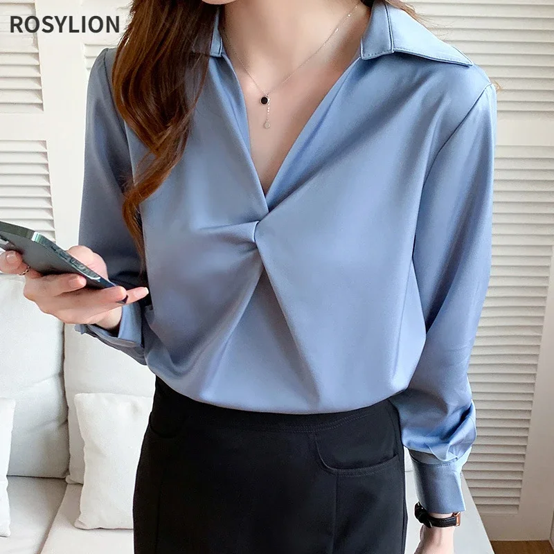 Girls Blue Satin Shirt Elegant Streetwear Smooth Turndown Collar Long Sleeve Pink Blouse Ladies Tops Big Size Women Officewear