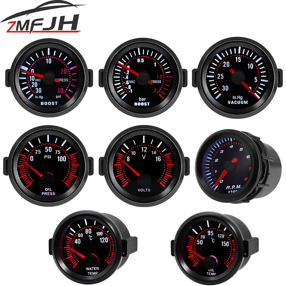 

2" 52mm Smoke Lens Car Boost Gauge PSI Bar RPM Tachometer Water Temp Oil Temp Oil Pressure Voltmeter Vacuum For 12V Car