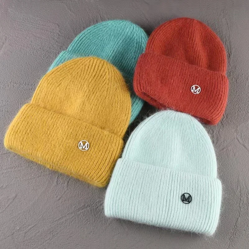 Designer Letter M Beanies for Women Angora Rabbit Fur Knitted Hat Female Warm Winter Hat Ladies Outdoor Fashion Chapeau Hat