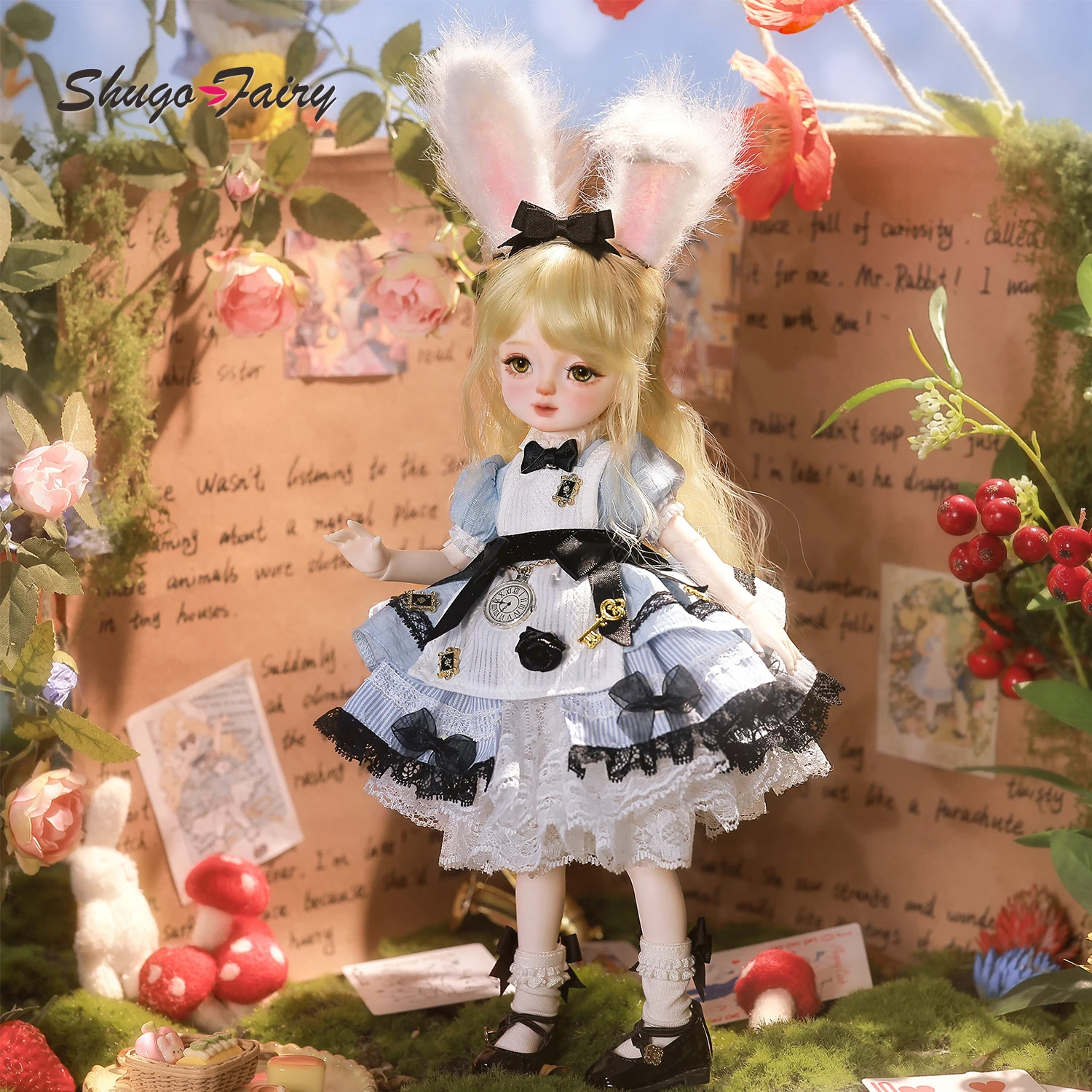 ShugaFairy Yenny E 1/6 BJD - قصص شعر مجعد للأميرة 30 سم مجموعة كاملة من شخصيات الرسوم المتحركة الجنية مع غطاء رأس وأذن أرنب