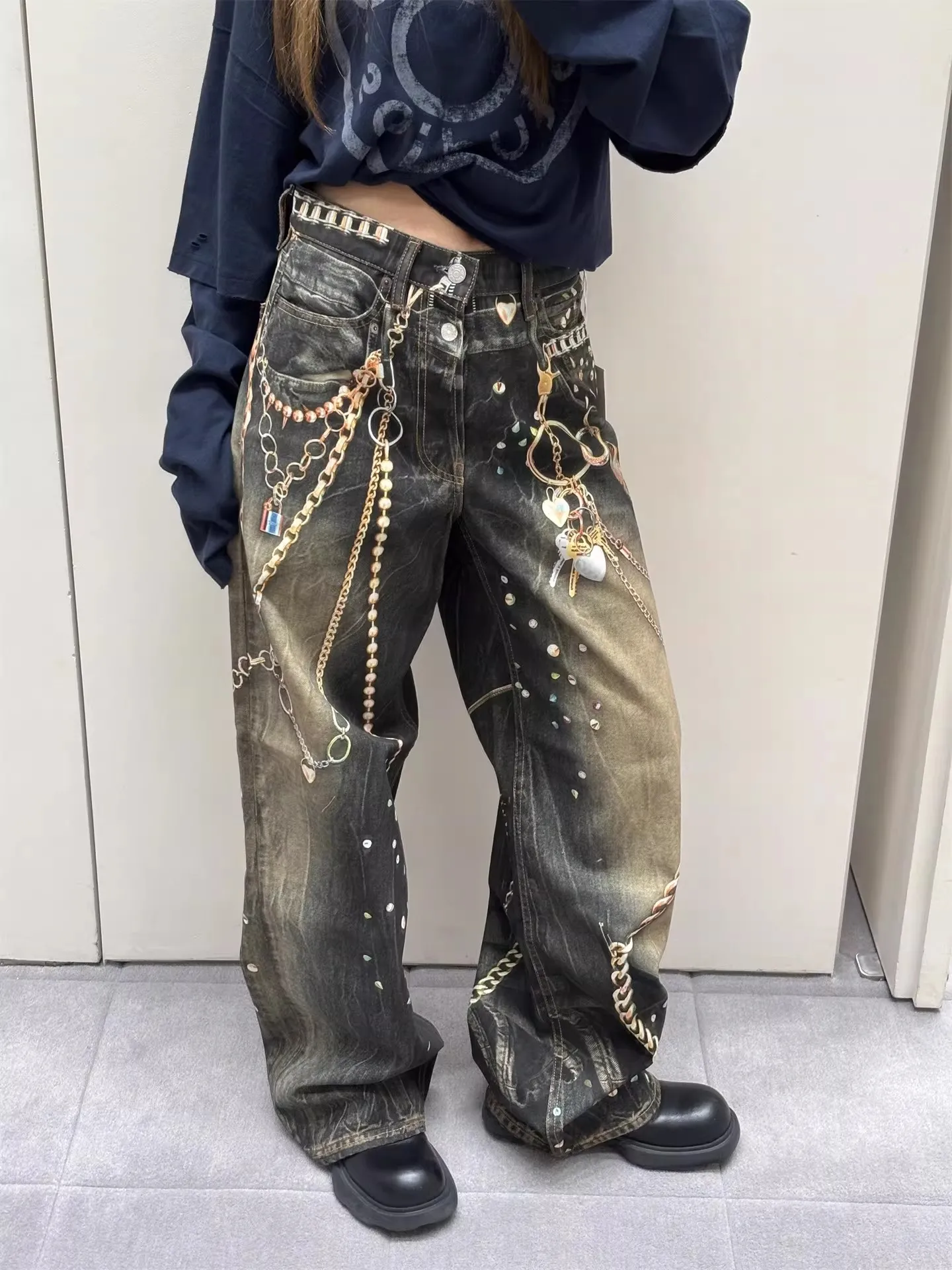 Retro American Black Gold Chain 3D Illusion Printed Floral Wide Leg Casual Jeans Loose Straight Cut Men Women Denim Pants