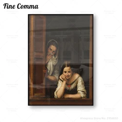 Two Women at Window Bartolome Esteban Murillo Vintage Poster Antique Oil Painting Reproduction Canvas Print Wall Art Home Decor