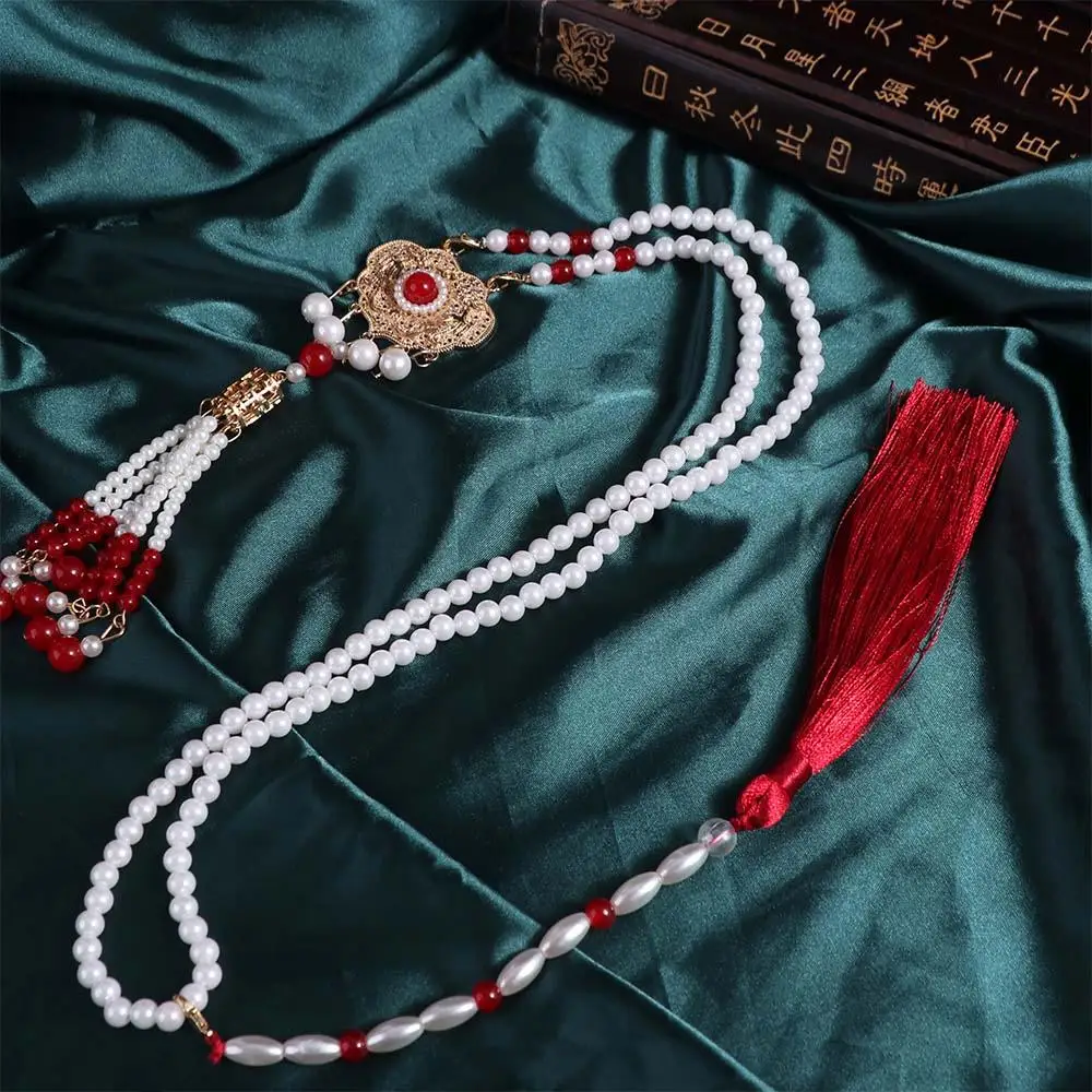تقليد اللؤلؤ Hanfu قلادة الملابس الطويلة والاكسسوارات الصينية اللؤلؤ قلادة شرابة مجوهرات قلادة اللؤلؤ العرقية الإناث
