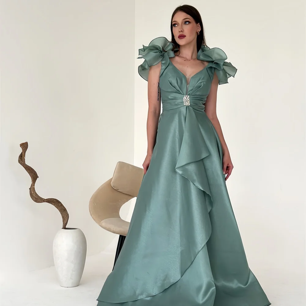 

Customized Prom Gown Formal Dearin V-neck A-line Floor Length Skirts Ruffle Bespoke Occasion Dresses Saudi Arabia Evening Dress