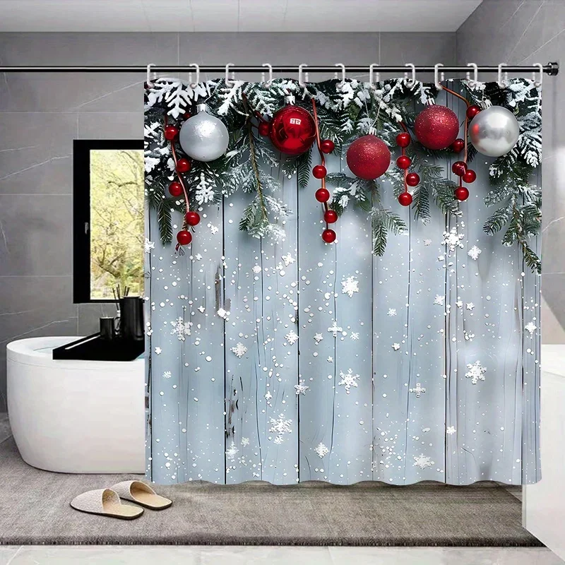 4pcs Christmas Home Decor Waterproof Shower Curtain Sets with 12 Hooks Toilet Seat Cover Bathroom Mat Non-Slip Rug Carpet Po