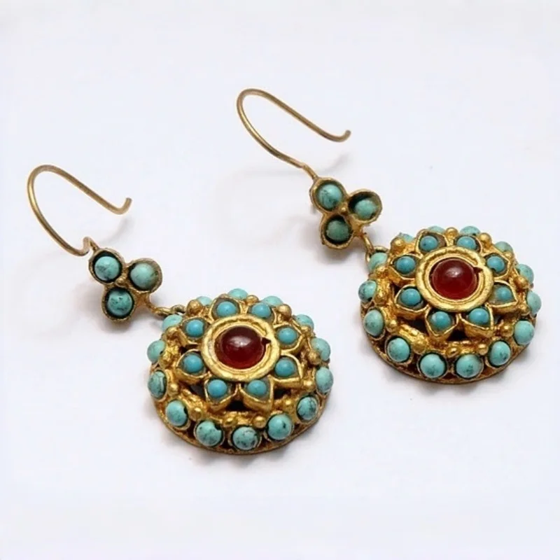Women's Vintage Bohemian Style Pendant Earrings Fully Embedded With Synthetic Turquoise Versatile Earrings Retro Trend Jewelry
