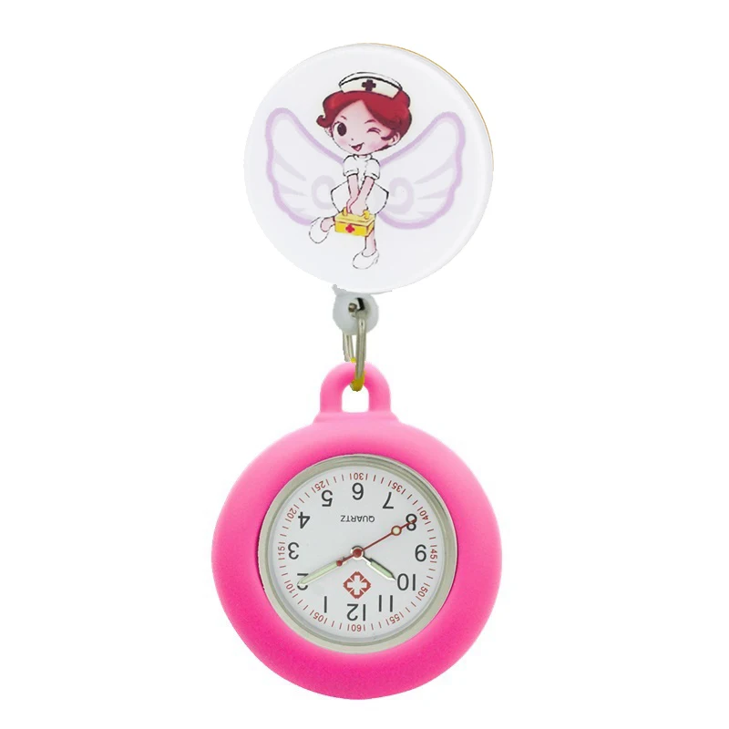 Yijia Cartoon Intrekbare Badge Reel Medische Zakhorloge Voor Verpleegkundige Met Kleurrijke Rubber Case En Lichtgevende Pointer