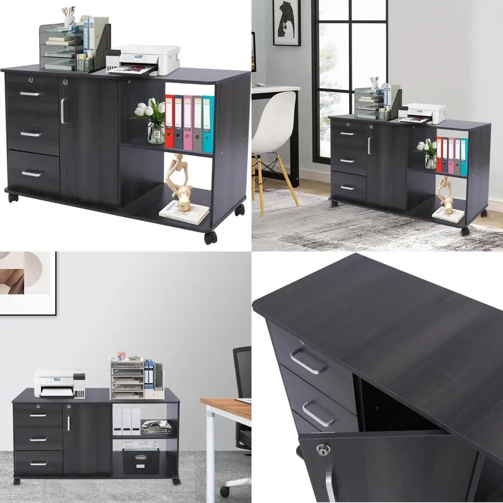 

Black 3-Drawer Mobile Locking File Cabinet with Wheels for Home Office Storage and Organization