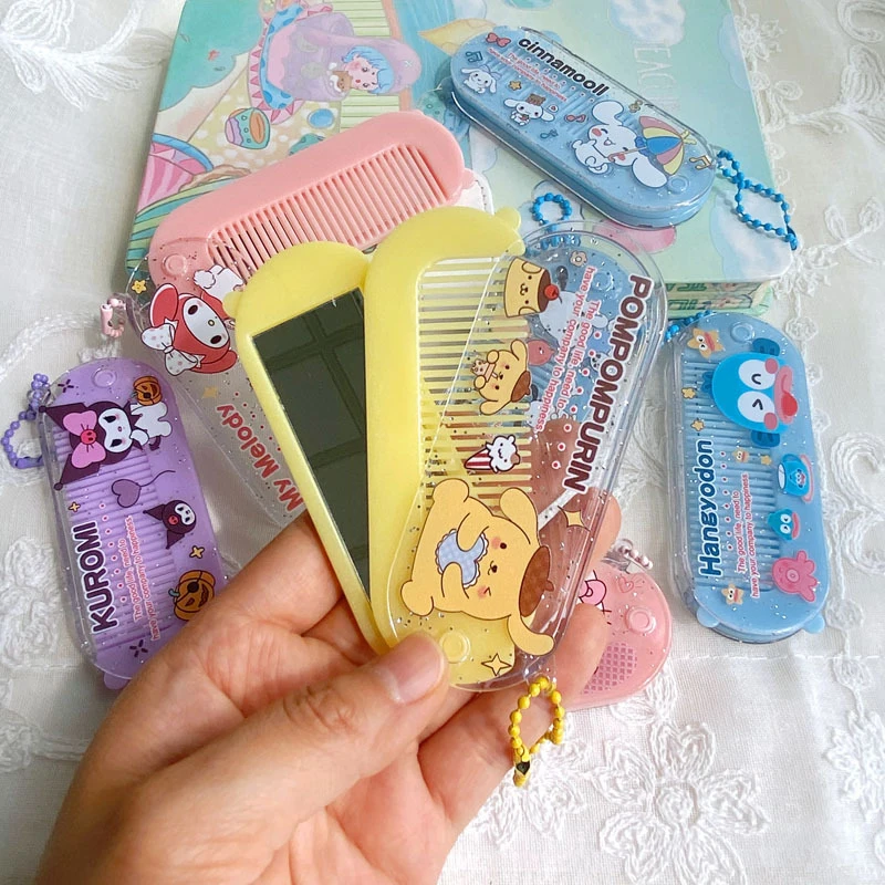 Cartoon Cute Sanrio Foldable Comb Mirror Combination Makeup Mirror Portable Mini Comb Mirror With Hanging Chain Girly Sweet Gift