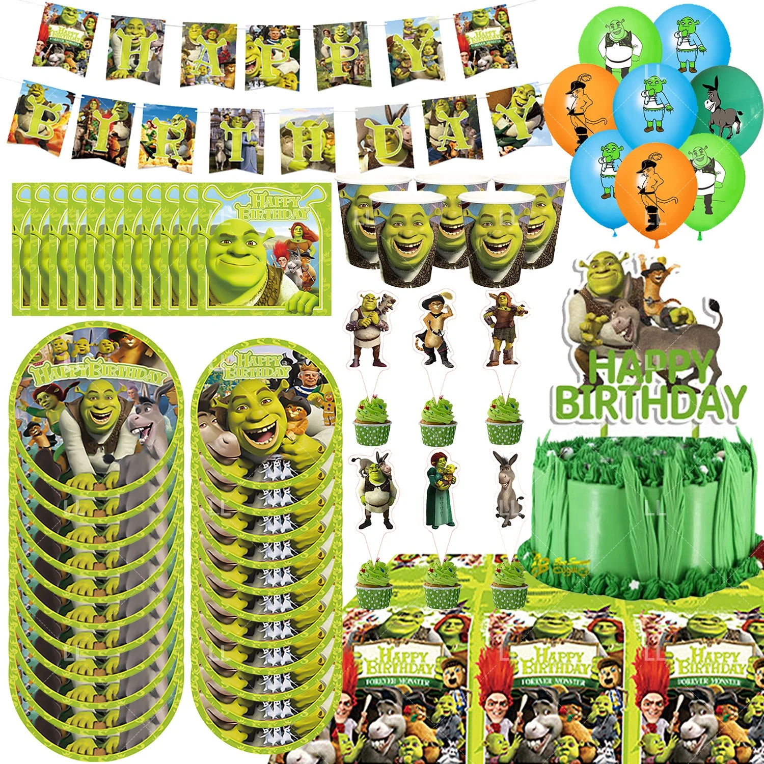 

Cartoon Green Monster Birthday Party Supplies Backdrop Donkey Prince Princess Balloon Cup Cake Topper Decoration Baby Kid Gift