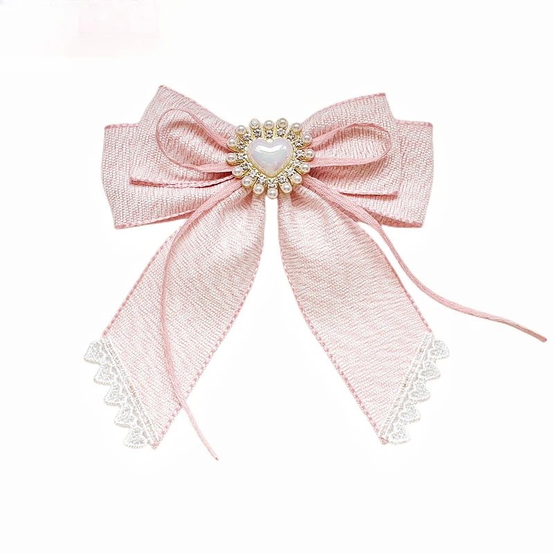 Koreanische Stoff Bogen Broschen für Frauen Rosa Spitze Solide Kristall Perle Kragen Pins College Stil Mode Schmuck Abzeichen Zubehör – Detail 3