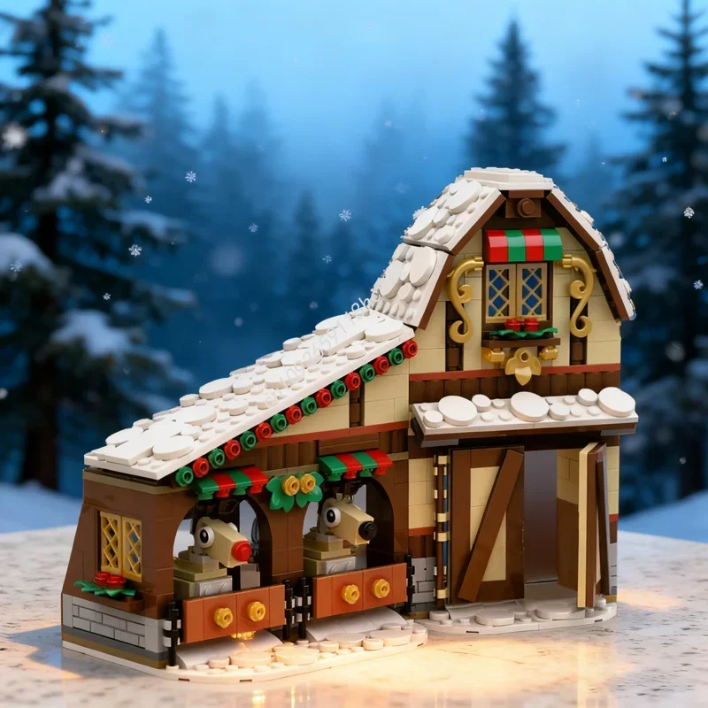593pcs MOC Christmas Reindeer Stable Winter Seasonal Model Building Blocks Architecture Gift Assemble Education Toys Brick Kids
