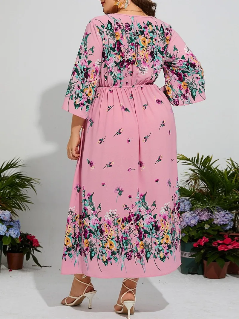 Women Fashion Vacation Elegant Casual Fragmented Flower Loose Dress Flare Sleeves V-Neck Elastic Waist Chiffon Long Dress