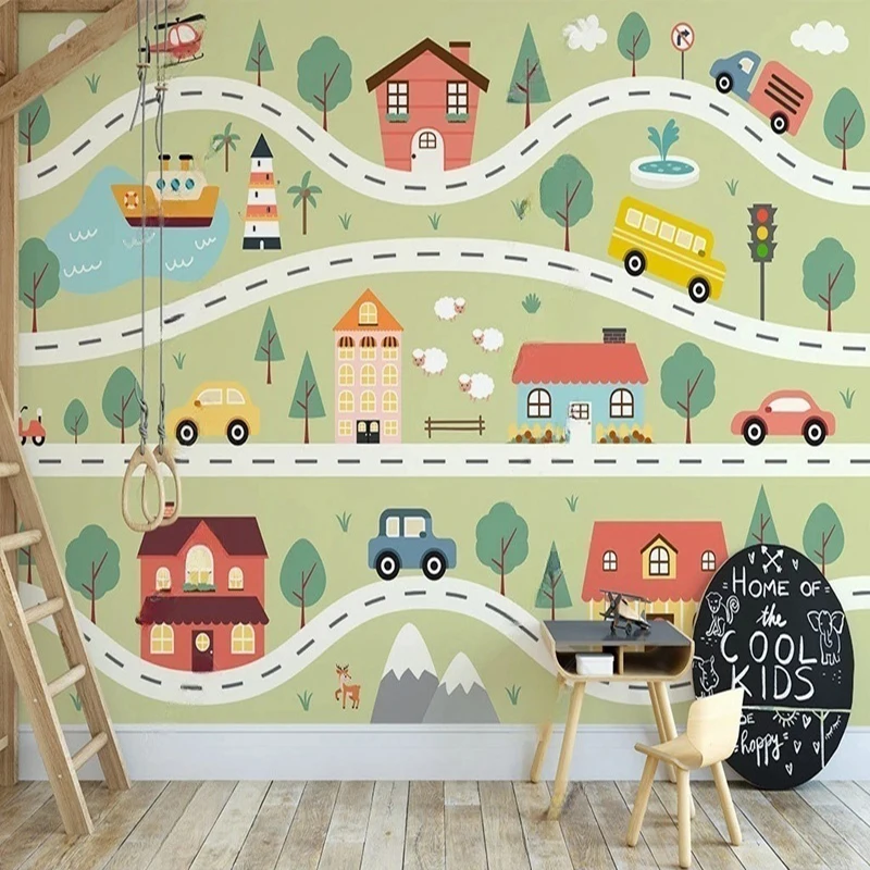

Настенная роспись с рисунком на заказ для детской комнаты - ручная роспись дороги с дизайном автомобилей и домов, персонализированные обои для детской комнаты, настенное искусство