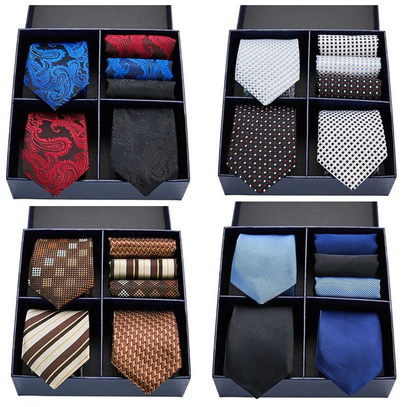 New Men Gift Box Ties Fashion Burgundy Cashew Printing Bussiness  Stripe Neckties Pocket Squre Sets of Combination Set